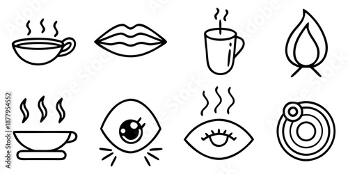 Cozy Winter Vibes Icon Set | Hot Drink Lips Flame Eye Steam Minimal Line Art cozy, winter, hot, drink, coffee, tea, lips, kiss, flame, fire, eye, wink, steam, vapor, warm, cup, mug, bowl, warmth