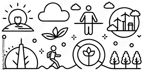 Wellness Nature Outdoor Activity Icon Set | Eco Healthy Lifestyle Run City Minimal Line Art