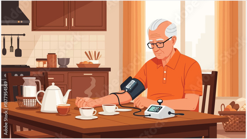 Senior Man Checking Blood Pressure at Home – Geriatric Health Monitoring and Hypertension Awareness.eps