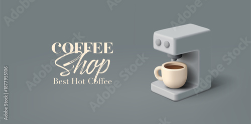 Coffee house, modern dark banner with 3D coffee machine and cup of coffee. For concepts of cafes, home, discounts, special offers. Aromatic coffee. Vector illustration.
