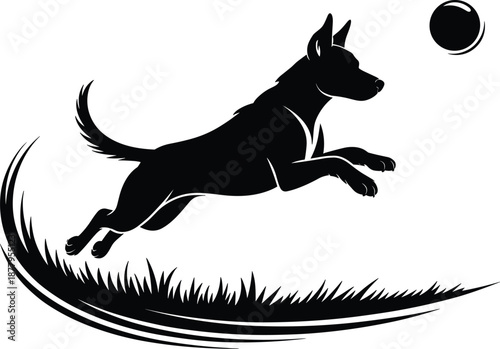 Energetic black dog silhouette jumping to catch ball in grassy field playful canine pet animal illustration for veterinary clinic branding pet supply advertising outdoor adventure sports logo design h