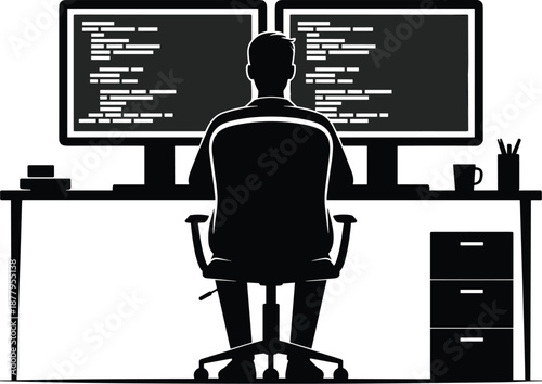 Silhouette programmer coding on dual monitors at desk minimalist illustration software engineer developing app or website in modern office workspace for technology company IT startup or remote work co