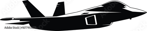 Modern black fighter jet silhouette flying in clear sky military aircraft vector illustration aviation technology aerospace engineering air force defense concept for graphic design transport and trave
