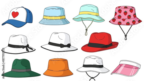 Collection of various casual headwear, including bucket hats, sun hats, and baseball caps, perfect for outdoor activities and sun protection