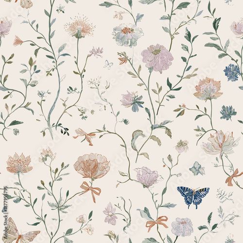 Romantic Floral Toile Seamless Pattern 2 with Butterflies and Bows Whimsical Vintage Botanical Design. Vector Illustration