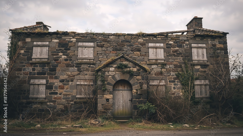 Fototapeta premium Abandoned stone house with boarded windows. Old derelict farmhouse facade with wooden shutters and arched door. Rural architectural decay and historical ruin concept