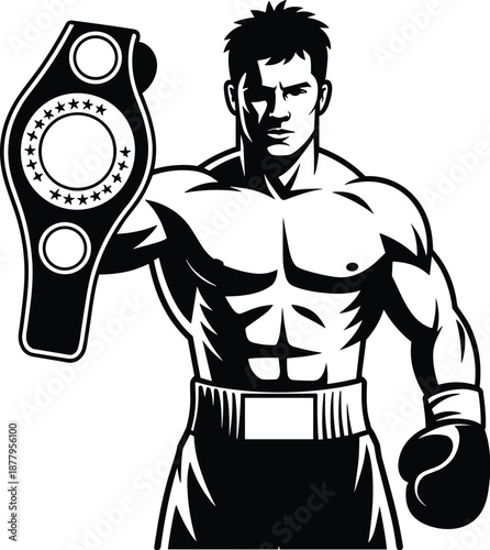 Powerful muscular boxer holding championship belt after winning boxing match black and white outline vector illustration for sports advertising fitness motivation martial arts training graphic design