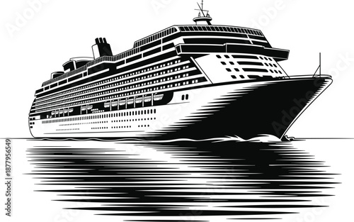 Detailed cruise ship sailing on water in black and white illustration for travel and tourism industry promotional material vacation voyage concept ocean liner graphic design for website banners and na