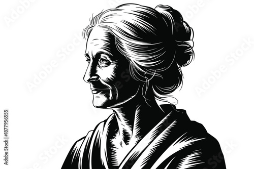 Elegant mature woman portrait illustration in black and white minimalist design looking forward with calm expression sophisticated elderly female character for healthcare beauty or lifestyle concept a