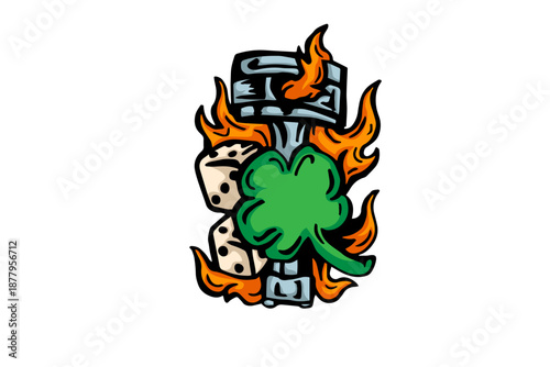 Four leaf clover with dice and engine piston in flames