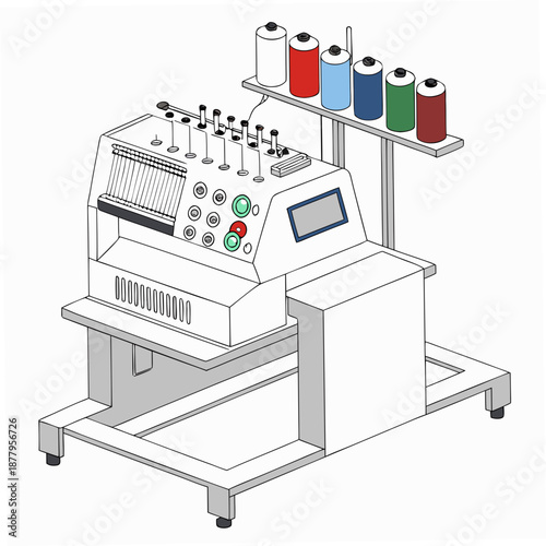 3 D embroidery workstation with colorful thread spools