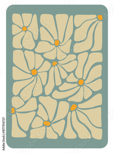 Groovy Floral Illustration in Epernay Beige and Muted Sage Green, 1970s Retro Flower Pattern Created Digitally, Vintage Botanical Background, Hippie Aesthetic Wall Art, Soft Pastel Garden Ornament 