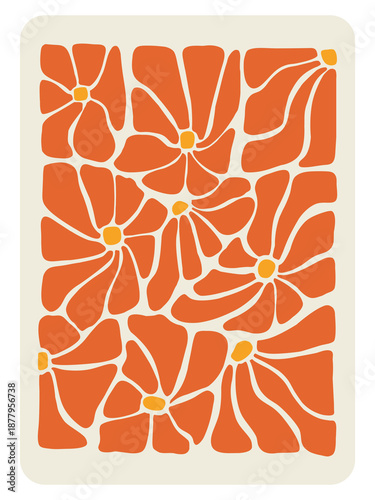 Vibrant Orange and Terracotta 1970s Retro Floral Pattern, Digital Groovy Flowers Illustration, Vintage Botanical Background, Warm Hippie Aesthetic Art for Home Decor, Bold Summer Bloom Graphics