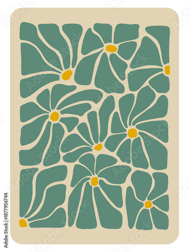 Digital Floral Pattern in Dusty Green with Yellow Centers, 1970s Retro Groovy Aesthetic Illustration, Vintage Botanical Art Print, Trendy Hippie Flower Background, Hand-drawn Style Garden Graphics