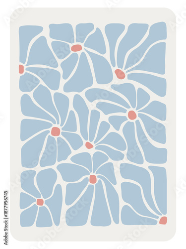 Soft Pastel Blue and Pale Pink 1970s Style Flower Pattern, Retro Groovy Botanical Illustration, Digital Floral Background, Aesthetic Hippie Wall Art Design, Dreamy Springtime Blossom Graphics
