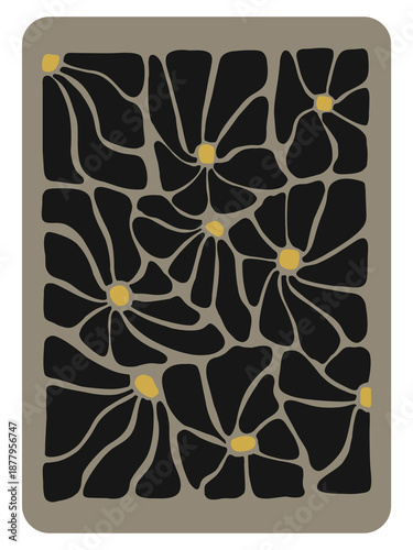 Digital Retro Floral Pattern with 1970s Style Groovy Flowers in Black and Charcoal Grey, Digital Botanical Illustration, Vintage Background, Hippie Aesthetic Art, Boho Wall Decor, Dark Blossom Petals