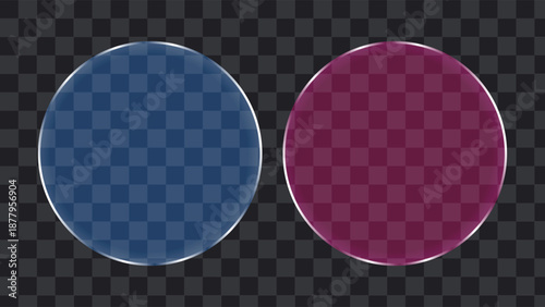 Two transparent glass circles with blue and purple tints on a checkered background.