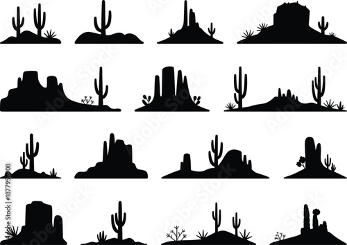 Silhouette desert cactus landscape illustration set of southwestern plants and formations for nature scene or design element vector graphics desert ecosystem botanical shapes for website and print mat