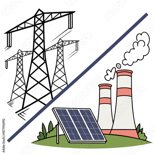 Solar panel and smokestacks versus power lines pollution