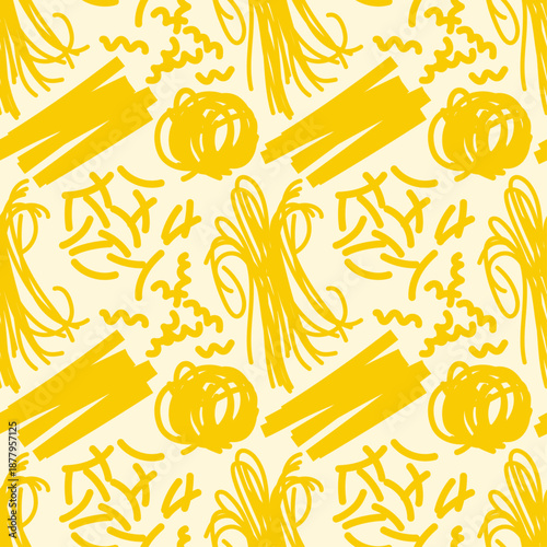 Seamless pattern with pasta varieties on light background.