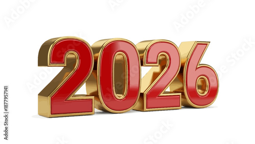 Elegant and bold three-dimensional rendering of the year 2026, showcasing lustrous gold and vibrant red numerals, perfect for themes of future planning, annual events, and success milestones