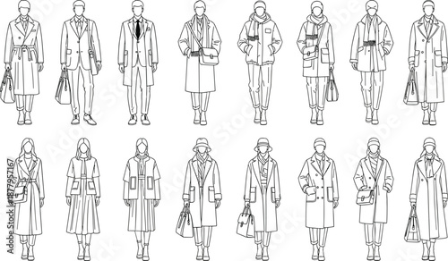 Black and white line art of men and women in winter coats, scarves, hats, and bags, diverse seasonal fashion styles.