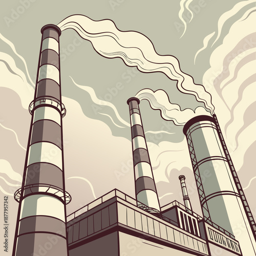 Industrial factory with smokestacks emitting smoke 4