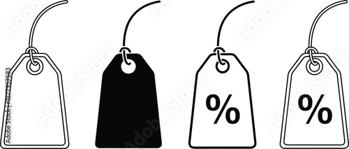 Black and white vector icons of hanging price tags and discount labels with percentage symbols, isolated for retail sale promotions.