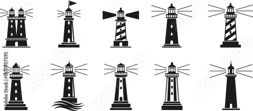 Black lighthouse vector icon set with different nautical tower designs, coast sea navigation symbols, maritime safety searchlight beacons, isolated silhouette.