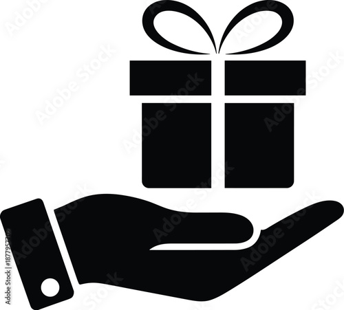 Black silhouette of hand holding gift box present with ribbon bow for celebration event giving surprise offering reward providing bonus gesture of generosity appreciation gratitude for birthday christ