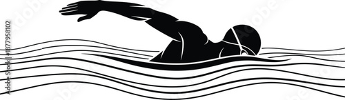 Black silhouette of a male athlete swimming freestyle in wavy water, professional swimmer with cap and goggles, isolated on white.