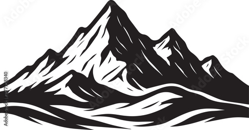 Mountain range vector illustration. Black and white nature landscape silhouette for adventure logo, hiking emblem, or travel design.