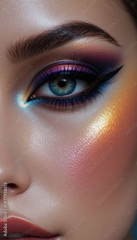 Fototapeta premium Vibrant colorful makeup on a female eye Blue green iris shimmering eyeshadow winged eyeliner and glowing skin details
