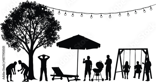 Black silhouette of people enjoying a backyard garden party with barbecue, swing set, patio umbrella, and string lights, summer leisure.