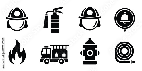 Firefighting icon collection in black, set includes firefighter helmet, fire extinguisher, safety helmet, alarm bell, flame, fire truck, hydrant, and fire hose, vector illustration for safety