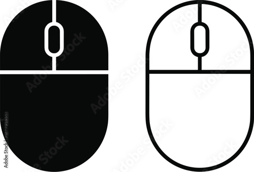 Computer Mouse Icons Vector Illustration Set Showing Black Filled and Outline Styles for Website Design and User Interface Elements in Technology IT Online Digital Business Presentation and Marketing