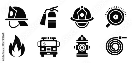 Firefighting icon collection in black, featuring firefighter helmet, fire extinguisher, safety helmet, alarm bell, flame, fire truck, hydrant, and fire hose, clean vector icons for emergency, safety, 