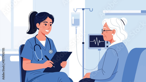 Caring Nurse Practitioner Taking Notes with Elderly Patient in Hospital – Geriatric Care and Medical Assistance Illustration.eps