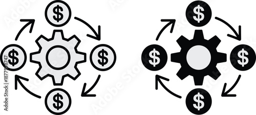Money making machine concept with gear mechanism and dollar currency symbols depicting financial cycle business model for investment growth and revenue generation in modern corporate finance and econo