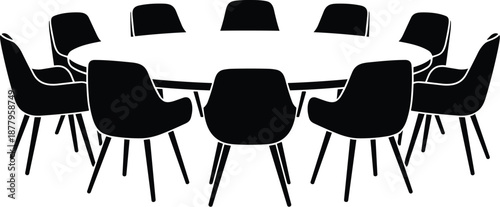 Minimalist round conference table with ten black chairs modern meeting room furniture arrangement for corporate brainstorming sessions teamwork collaboration icon professional business strategy planni