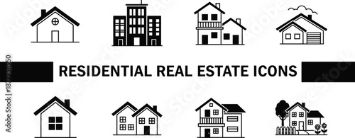 Black silhouette vector icons of residential houses and apartment buildings, real estate property symbols for housing market, isolated on white.