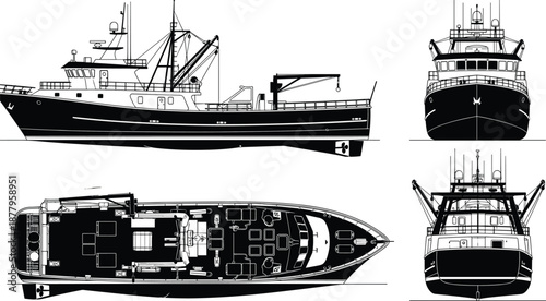 Black silhouette vector of a commercial fishing trawler vessel showing side view, top view, front view, and back view blueprint, isolated.