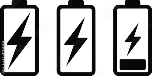 Battery Charge Level Icons Representing Energy Consumption and Power Usage in Electric Vehicles and Renewable Energy Systems Battery Indicators Showing Charging Progress and Power Status for Technolog
