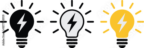 Set of light bulb icons with lightning bolt vector illustration symbolizing bright idea innovation energy electricity power solution creative thinking concept for business startup website graphic desi