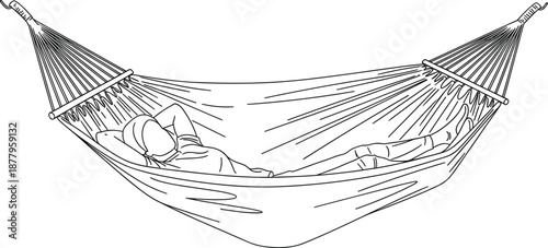 Continuous line drawing of person relaxing in hammock, simple minimalist illustration of summer vacation, leisure time, outdoor comfort, isolated,