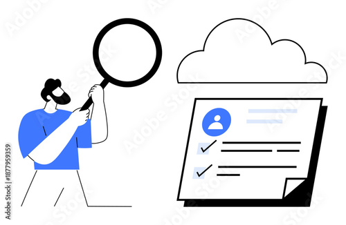 Man holds magnifying glass inspecting profile details on a document under a cloud graphic. Ideal for analytics, security, data management, recruitment, storage, research, online identity. Flat simple