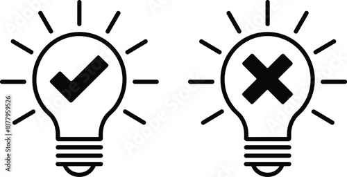 Checkmark vs Crossmark graphic symbol in lightbulb idea concept for right and wrong choices depicting decision making process solution validation and error correction in business strategy brainstormin
