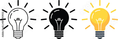 Set of light bulb icons concept as line drawing black silhouette and glowing yellow symbol for creative idea generation or innovation in business and education for website or presentation vector illus