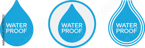 Blue Water Drop Icons Set Representing Waterproof Protection and Resistance for Product Packaging and Marketing Material for Construction Textile Chemical and Clothing Industries Technology and Durabi