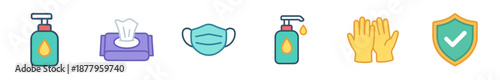 Essential personal protective equipment and hygiene products for health safety, including hand sanitizer, tissues, face mask, gloves, and a shield icon